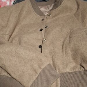 Womens Taupe Bomber Jacket – Classic Ribbed Trim